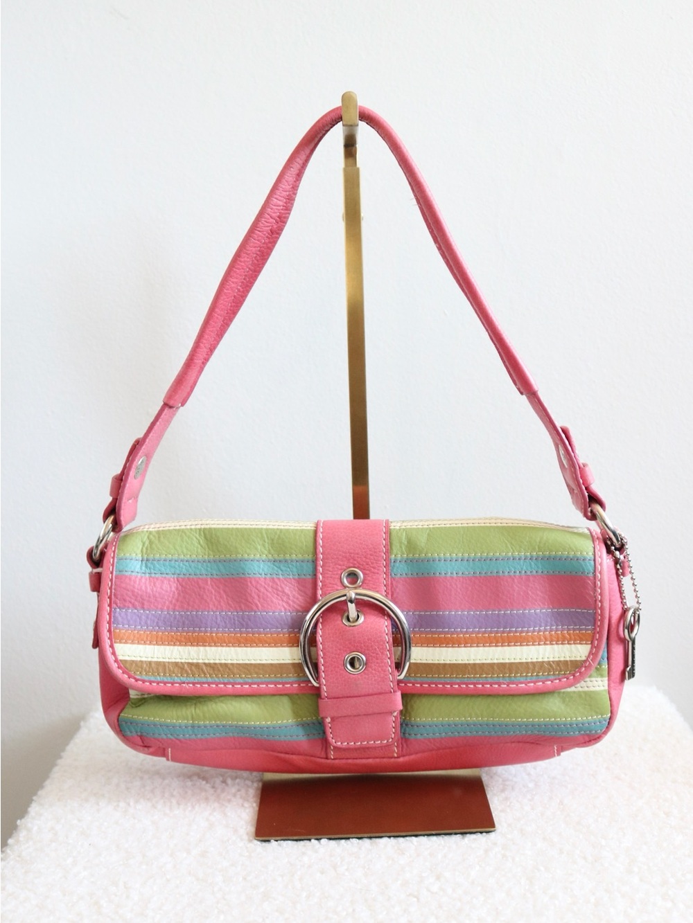 Vintage Genuine Leather Fossil Shoulder Bag Pink Green Teal Striped